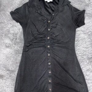 Black Ruched Button-Front Midi Dress